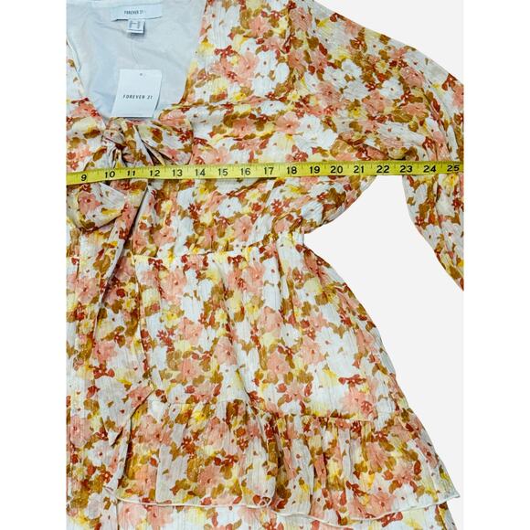 NWT Forever 21 Plus 0X Peach Floral long sleeve ruffled mini dress cottage fairy - Picture 7 of 8